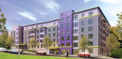 A rendering shows the Indigo Block, a mixed-use development planned for East Cottage Street in Uphams Corner. Image courtesy Epsilon Associates, Inc.